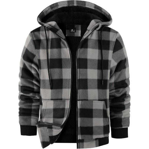 Other - Mens Hooded Dark Gray Sherpa Line Plaid Flannel Jacket Warm Winter Fleece Coat.